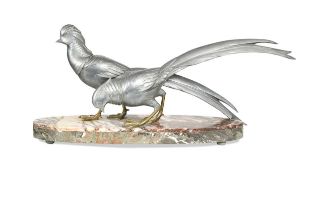 A large French Art Deco silvered spelter model of two pheasants by Guislain, circa 1930s,