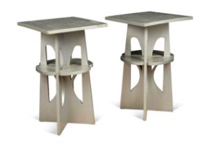 Manner of John Ednie, a pair of silver painted oak 'Domino' side tables,