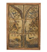 A blue and brown glazed sgrafitto decorated tile plaque,