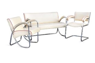 A P.E.L. chrome two-seat sofa and chair en-suite,