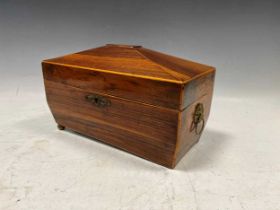 A Regency rosewood sarcophagus tea caddy 19cm x 30cm x 15cm one ball foot missing, ring mask