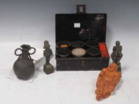 A Victorian spice tin, a Japanese wood carving, a Billy and Charley forgery lead vessel etc