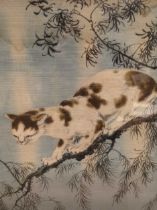 A Japanese painting on linen of a wild cat in a tree, 52 x 52cm