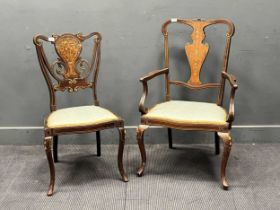 Two Edwardian mahogany bedroom chairs with marquetry inlaid splats on cabriole front legs (2)