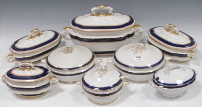 Part services of Royal Doulton and Royal Worcester with blue and gilt bands, lidded tureens (qty)