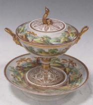 A 19th century English porcelain two-handled cabinet cup, cover and stand, painted with continuous