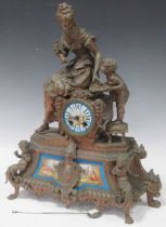 A bronzed spelter and enamel figural mantle clock, 51 x 40 x 16cm