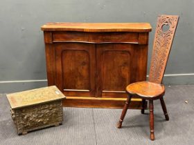 A Victorian walnut chiffonier, a carved oak spinning chair and a brass embossed log box (3)