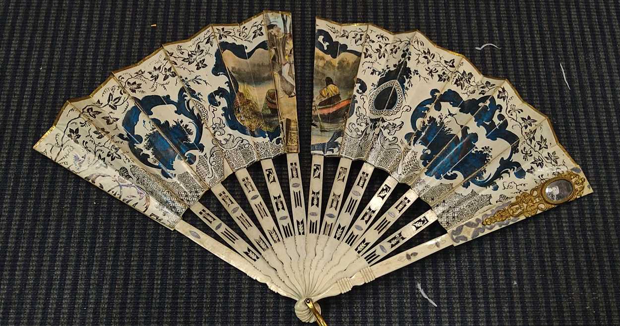 Seven fans to include a Venetian bone example inset with a mirror, one with feathers, three mother - Image 7 of 15