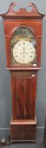A mahogany 8 day longcase clock, 19th century, with painted arched dial depicting the seasons, below