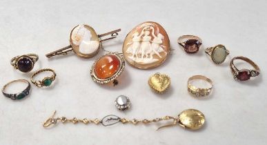 A collection of jewellery, tested as 9ct gold, including rings, brooches, pendants, 64.6g gross