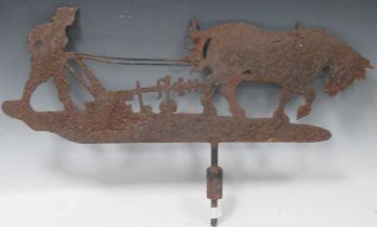 A weather vane of farmer and horse ploughing. Approximately 37cm x 61cms