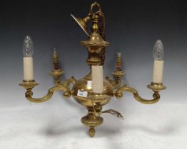 A brass five light chandelier, together with four brass wall sconces