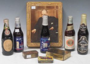 A quantity of commemorative ceramic ware, five commemorative bottled ales, a Churchill biscuit box