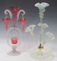 A Victorian four branch epergne with white opalescent glass frilled elements together with a white