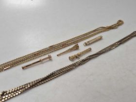 Two guard chains, both tested as 9ct gold, along with a toothpick and watch key, both tested as
