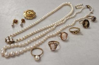 Two cultured pearl necklaces together with a 9ct gold pearl ring, a pair of earrings, a pearl brooch