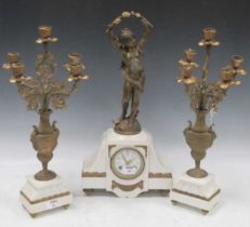 A French clock garniture of three parts, the central clock in alabaster, set with a bronzed