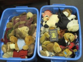 Two boxes of mixed bears and plush stuffed character animals, to include bears, pigs, rabbits,