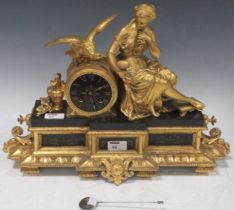 A mid 19th century gilt bronze Empire style mantel clock of Hebe and the Eagle. Japy Freres, and