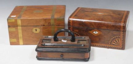 A Victorian brass bound walnut writing box 50 x 30 x 23cm , a desk stand and a walnut work box (3)
