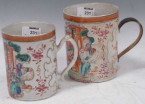 Two 18th century Chinese famille rose tankards, one with a metal strap handle one tankard has