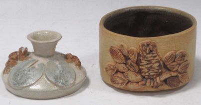 Bernard Rooke (1938-) Owl bowl 7cm high and a frog candle holder 6cm high (2)