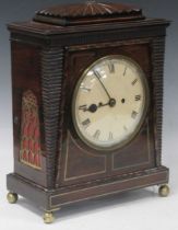 A Regency rosewood and brass inlaid bracket clock, fusée movement with bell (broken) strike, back