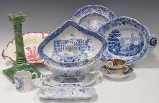 A collection of English blue and white pottery to include a two comports on pedestals decorated with