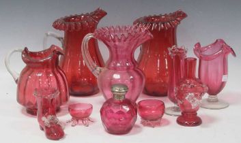 Various items of Victorian cranberry glass to include jugs vases decanter lidded bowl (qty)