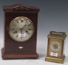 A mahogany cased mantel clock by Gustav Becker inlaid with small nacre lozenge, early 20th