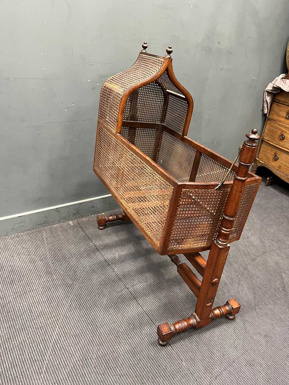 A Regency mahogany caned rocking cradle on stand. 125cm x 104cm x 46cm - Image 2 of 4
