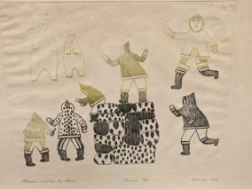 A North American Eskimo/Inuit signed print by Jamasie Teevor (1910-1985) 'Children excited by