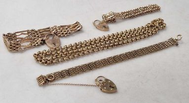 Two 9ct gold gate bracelets, a 9ct gold chain, and a further gate bracelet, tests as 9ct, 61.9g