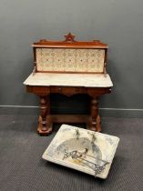 A Victorian marble topped tile back wash stand, together with a Victorian blue and white sink with
