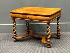 A William & Mary Style small walnut table with single drawer, double bine leg above a wavy x-frame