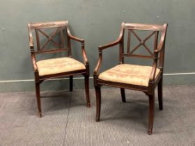 A pair of Regency style mahogany open armchairs, 83 x 54 x 45cm