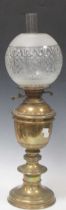 Victorian brass oil lamp with etched glass shade 65cm High