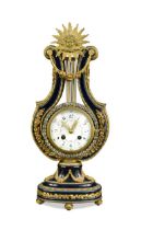 A French blue porcelain and gilt metal mounted lyre mantel clock, late 19th century,