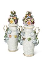 A pair of Dresden Schneeballen urns and covers, circa 1870,