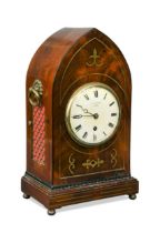 A mahogany and brass inlaid lancet top mantel timepiece, 19th century,