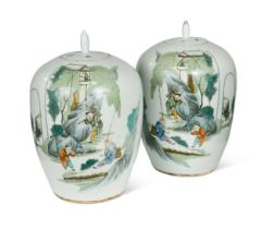 A pair of Chinese porcelain ovoid vases and covers, Republic Period,