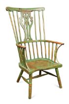 A primitive green painted Windsor armchair, late 18th century,