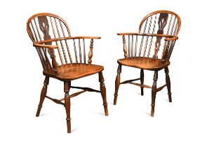 A pair of beech and ash Windsor armchairs, 19th century,