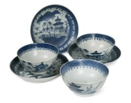 Three Chinese blue and white porcelain Diana cargo tea bowls and saucers, circa 1816,