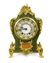 A French green stained tortoiseshell and brass inlaid mantel clock, 19th century,