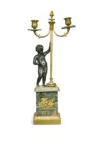 A French gilt and patinated bronze twin branch figural candelabrum, 19th century,
