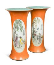 A pair of large Chinese porcelain cylindrical vases, Republic Period,