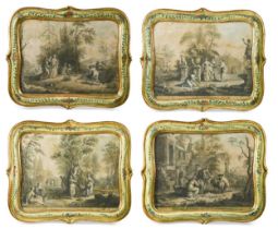 A set of four decorative 18th century engravings in later Venetian painted and carved wood rococo fr