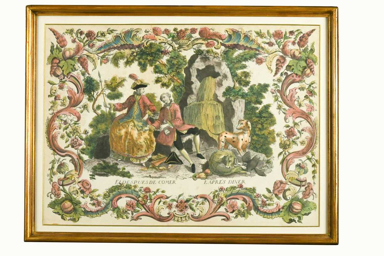 A suite of four decorative hand coloured engravings, 18th century,